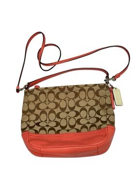 Coach Signature Hobo Crossbody Coral Peach Leather Trim Bag Purse